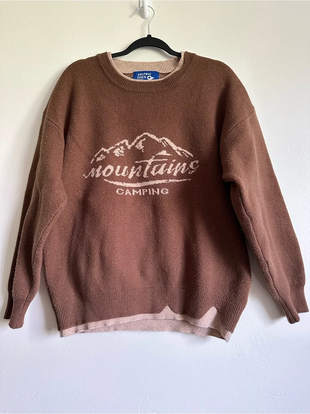 Aelfric Eden Brown Crewneck Sweater with Cream Mountain Graphic